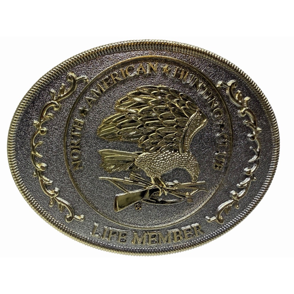 American Hunting Club Life Member Eagle Rifle Oval Belt Buckle Silver Gold Tone